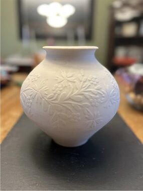 Vintage White Bisque Porcelain Vase with Embossed Floral Design